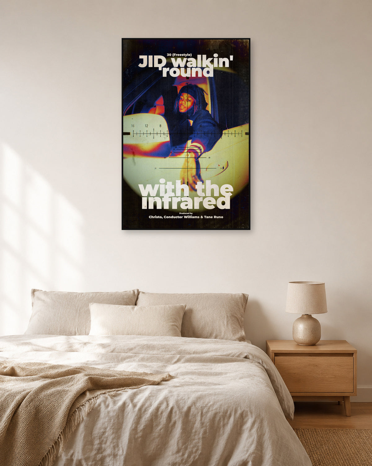 JID 30 (Freestyle) Infrared Typography Poster — natural-light bedroom display. Print sold unframed; frame for display only.
