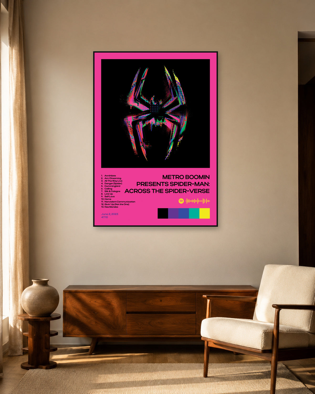 Metro Boomin Spider-Man: Across the Spider-Verse Pink Tracklist Poster — warm mid-century living room display. Print sold unframed; frame for display only.