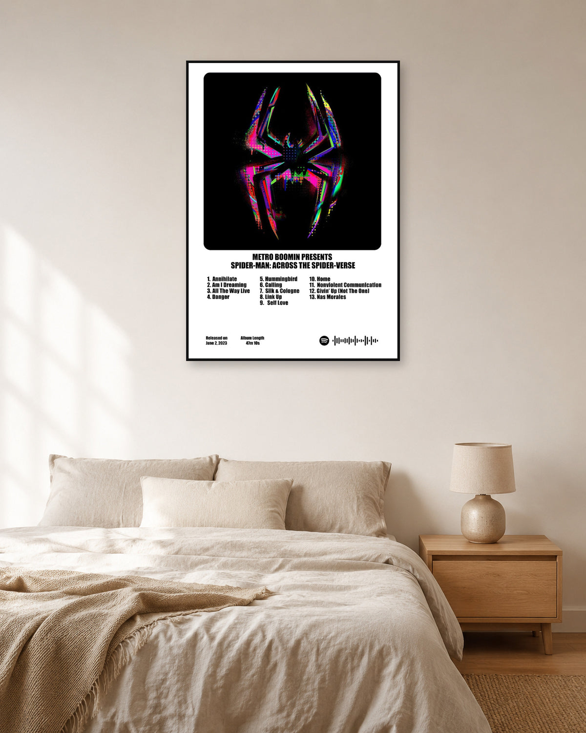 Metro Boomin Spider-Man: Across the Spider-Verse White Rounded Cover Poster — natural-light bedroom display. Print sold unframed; frame for display only.