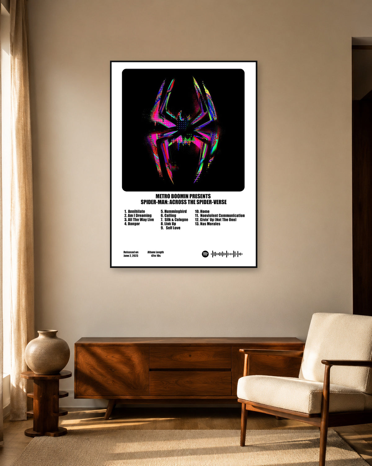 Metro Boomin Spider-Man: Across the Spider-Verse White Rounded Cover Poster — warm mid-century living room display. Print sold unframed; frame for display only.