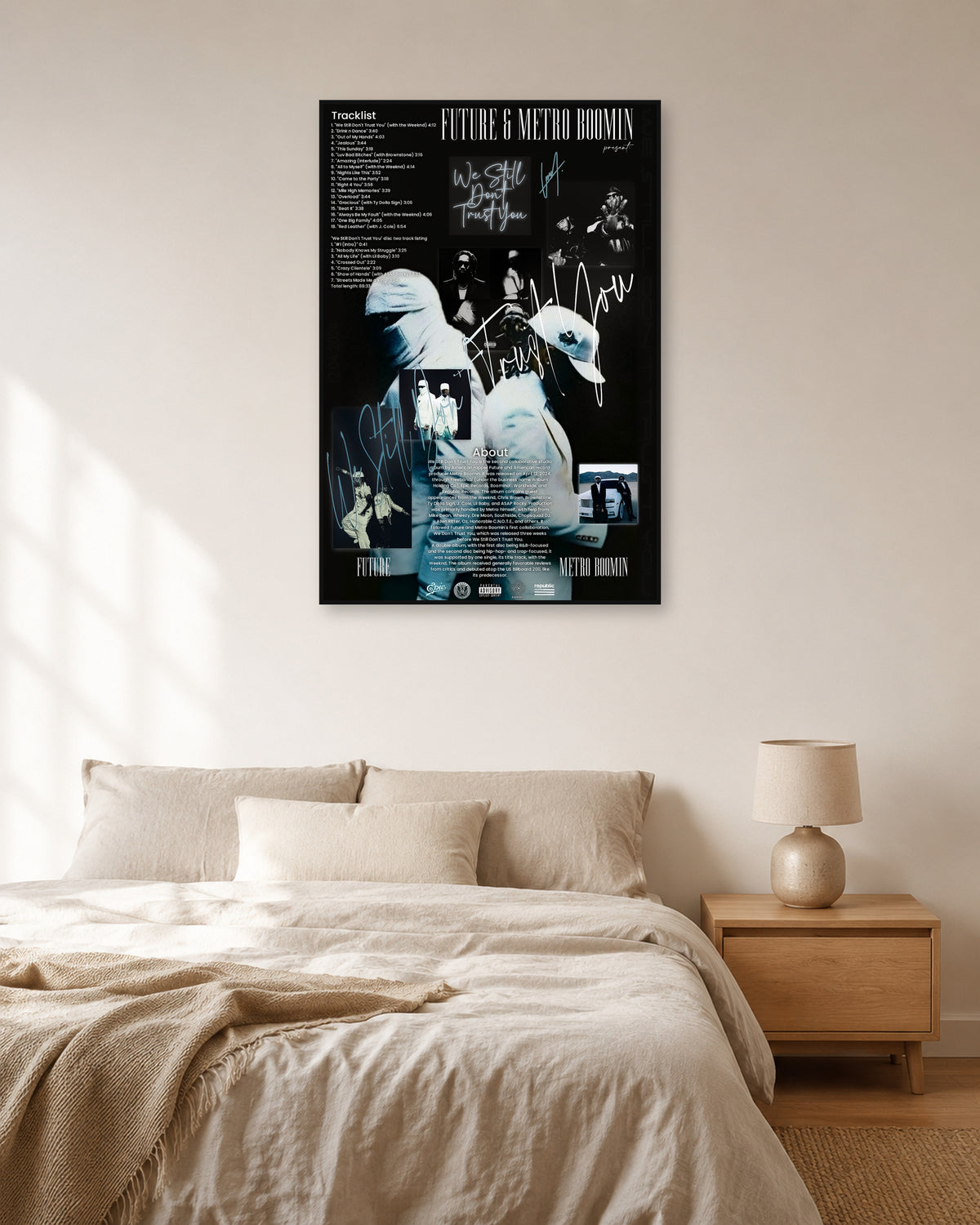 Metro Boomin We Still Don't Trust You Blue Portrait Collage Poster — natural-light bedroom display. Print sold unframed; frame for display only.
