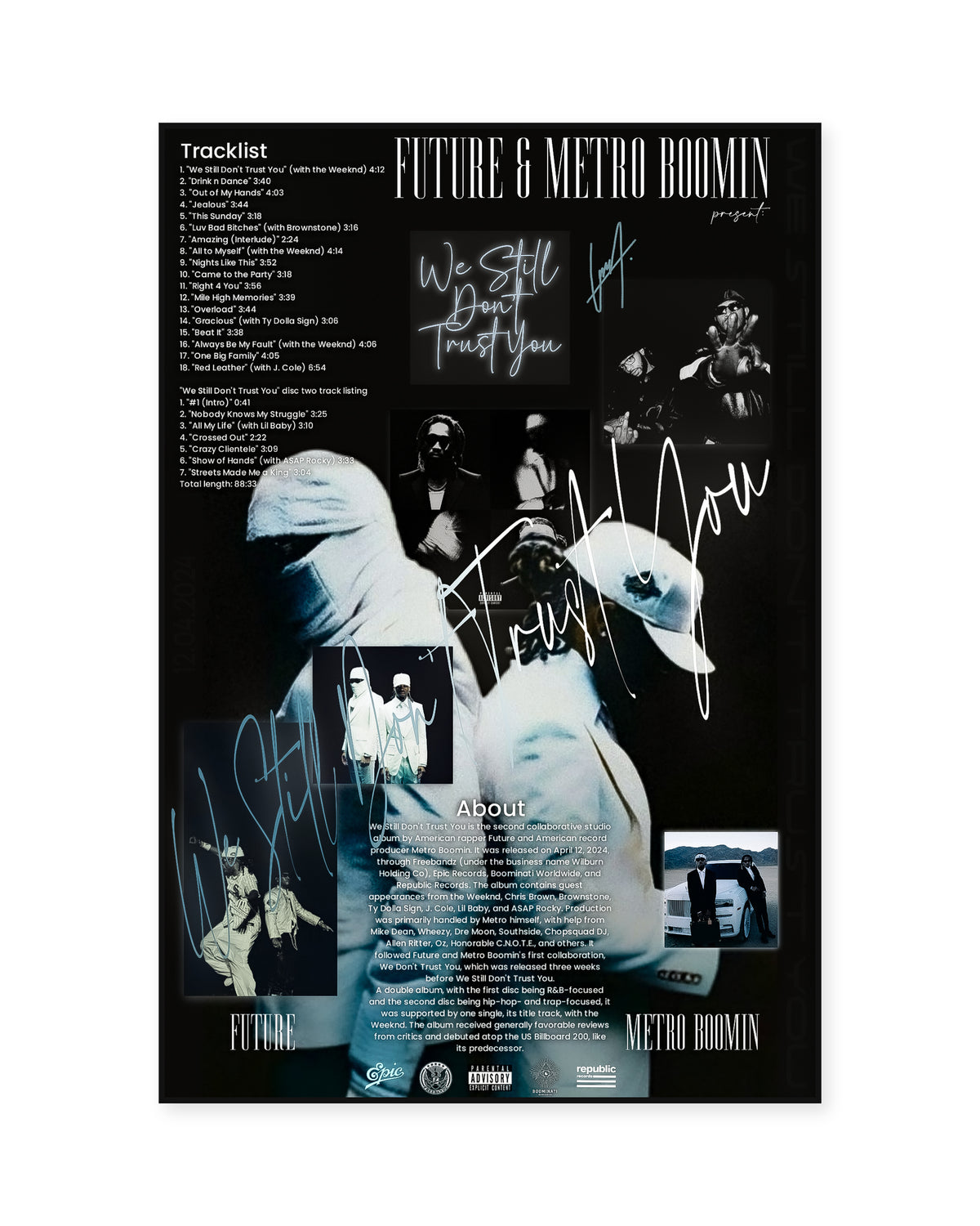 Metro Boomin We Still Don't Trust You Blue Portrait Collage Poster — front view in a thin black display frame. Print sold unframed; frame for display only.