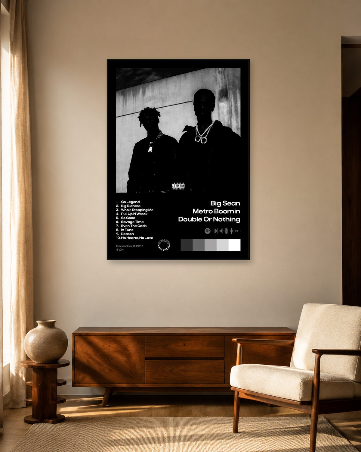 Metro Boomin Double or Nothing Black Tracklist Poster — warm mid-century living room display. Print sold unframed; frame for display only.