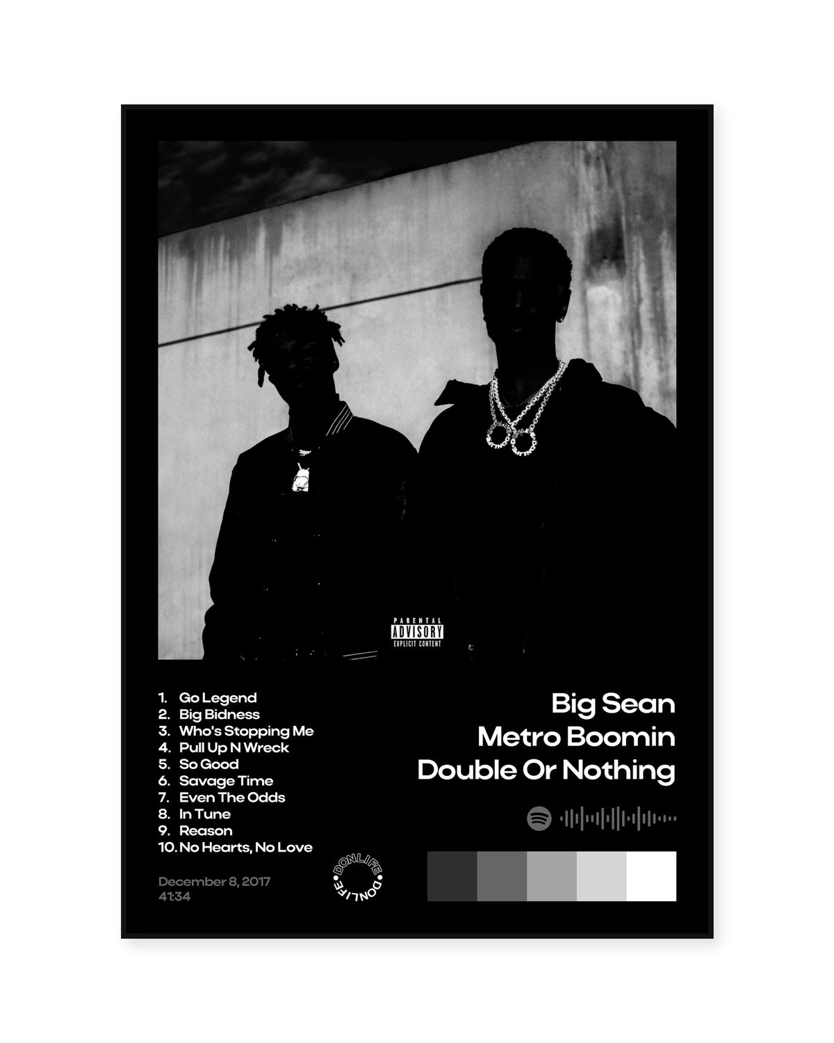 Metro Boomin Double or Nothing Black Tracklist Poster — front view in a thin black display frame. Print sold unframed; frame for display only.