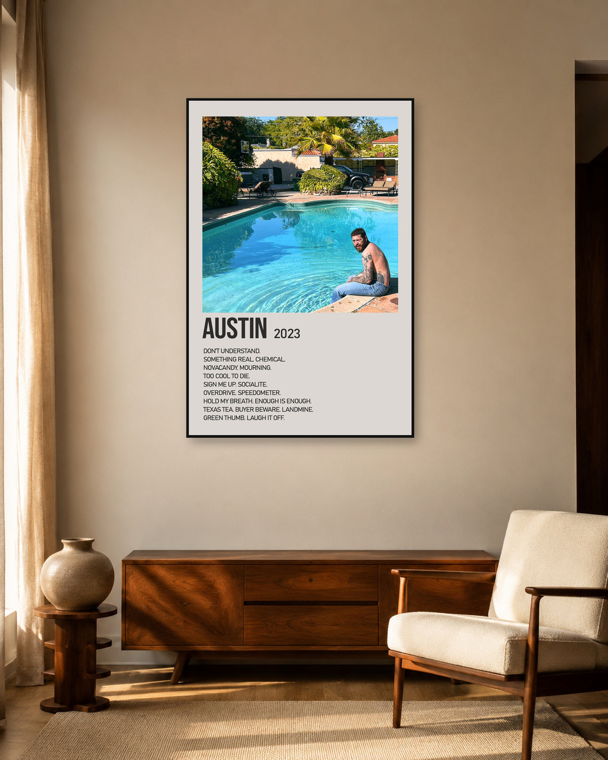 Post Malone Austin Poolside Cream Tracklist Poster — warm mid-century living room display. Print sold unframed; frame for display only.