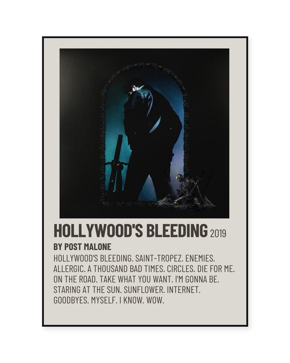 Post Malone Hollywood's Bleeding Cream Tracklist Poster — front view in a thin black display frame. Print sold unframed; frame for display only.