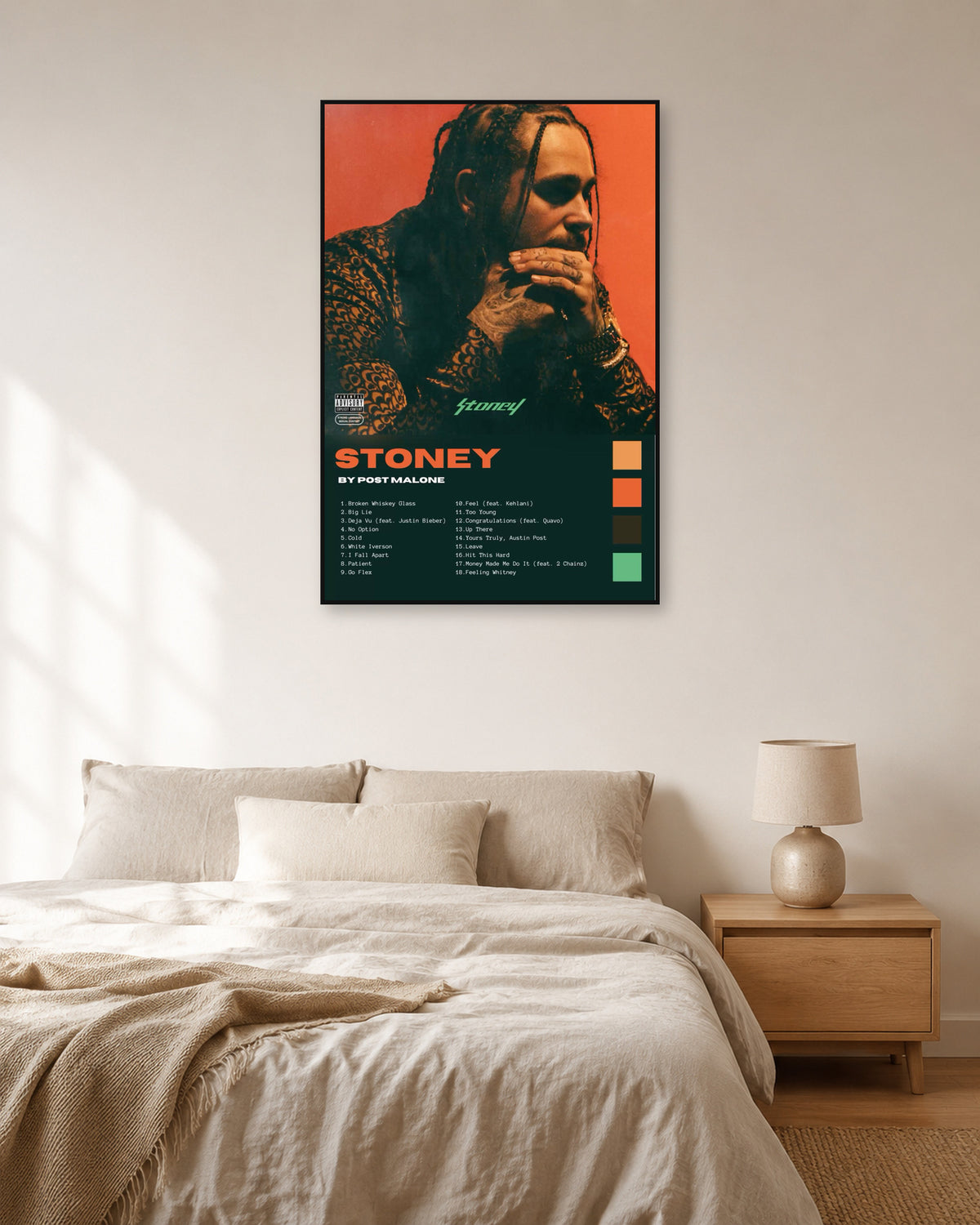 Post Malone Stoney Dark Green Tracklist Poster — natural-light bedroom display. Print sold unframed; frame for display only.