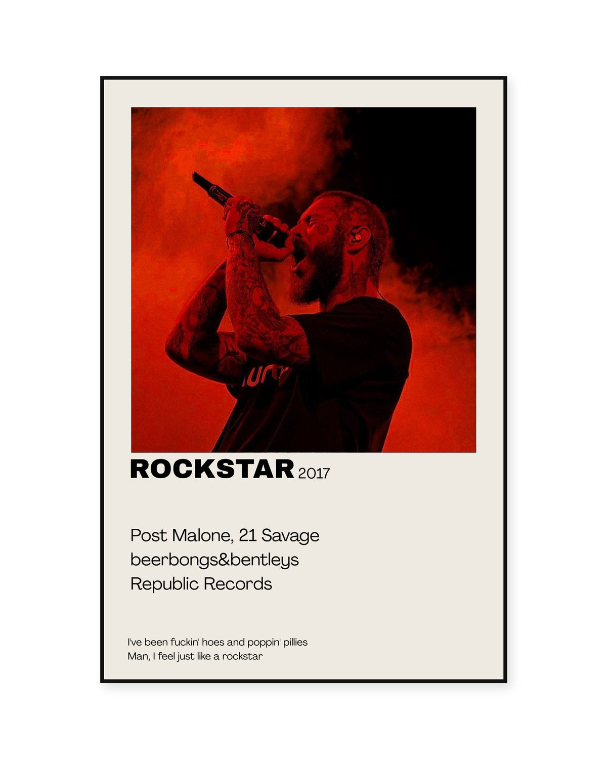 Post Malone Rockstar Red Performance Lyric Poster — front view in a thin black display frame. Print sold unframed; frame for display only.