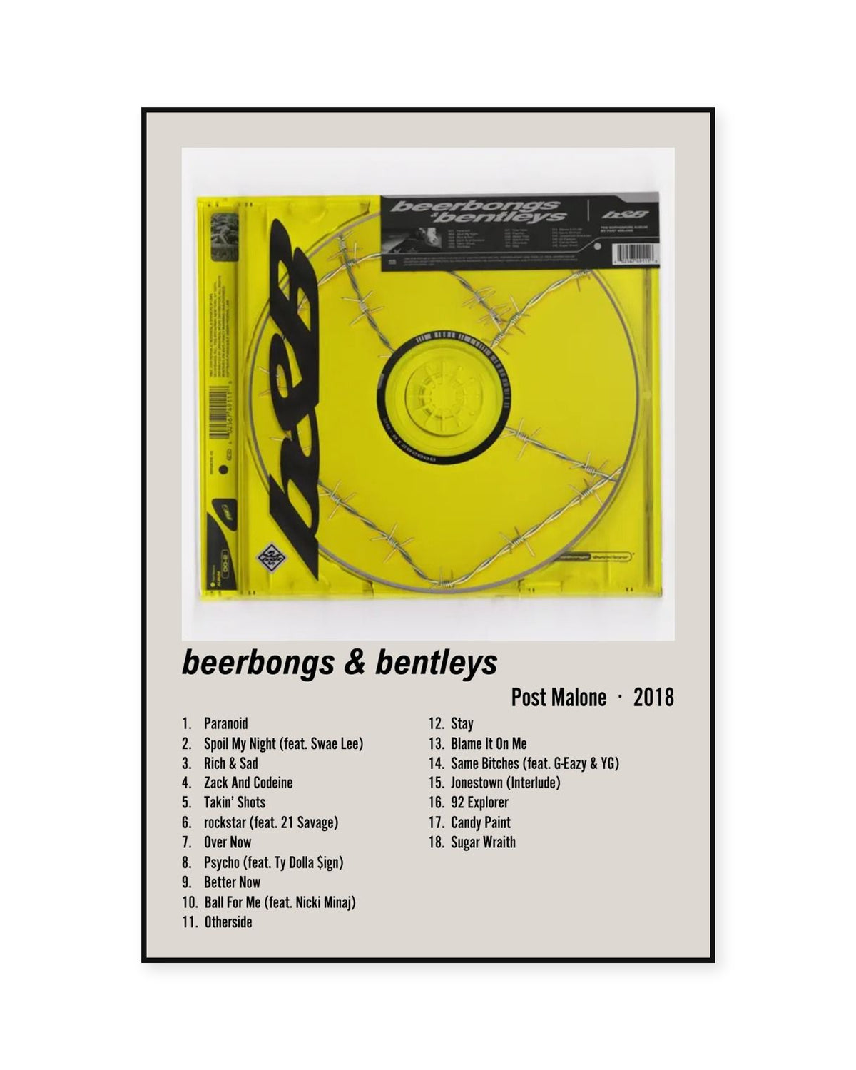 Post Malone beerbongs & bentleys Cream Two-Column Tracklist Poster — front view in a thin black display frame. Print sold unframed; frame for display only.