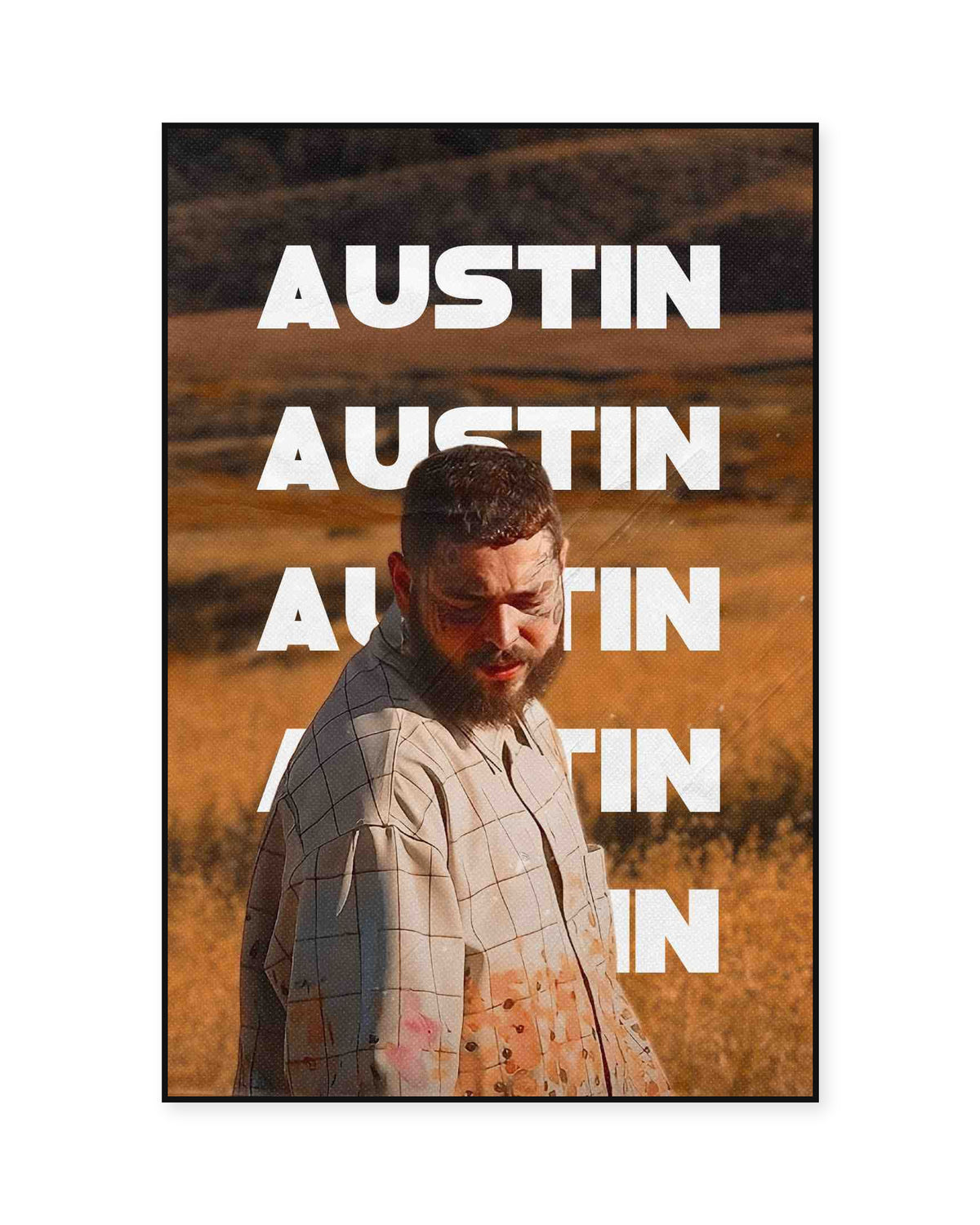 Post Malone Austin Repeated White Title Poster — front view in a thin black display frame. Print sold unframed; frame for display only.
