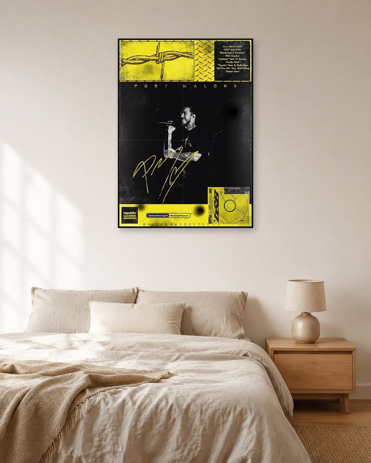 Post Malone beerbongs & bentleys Yellow Performance Collage Poster — natural-light bedroom display. Print sold unframed; frame for display only.