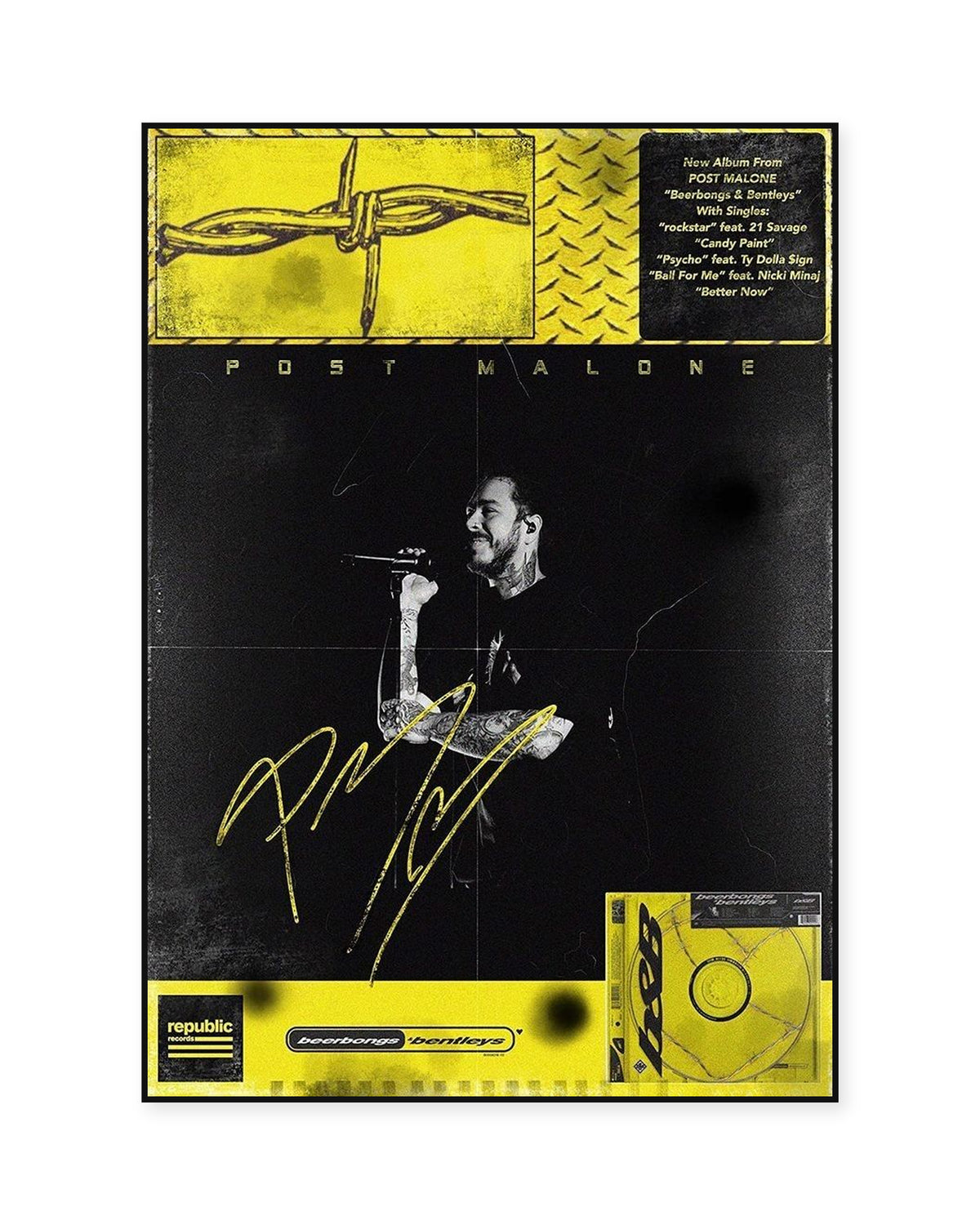 Post Malone beerbongs & bentleys Yellow Performance Collage Poster — front view in a thin black display frame. Print sold unframed; frame for display only.
