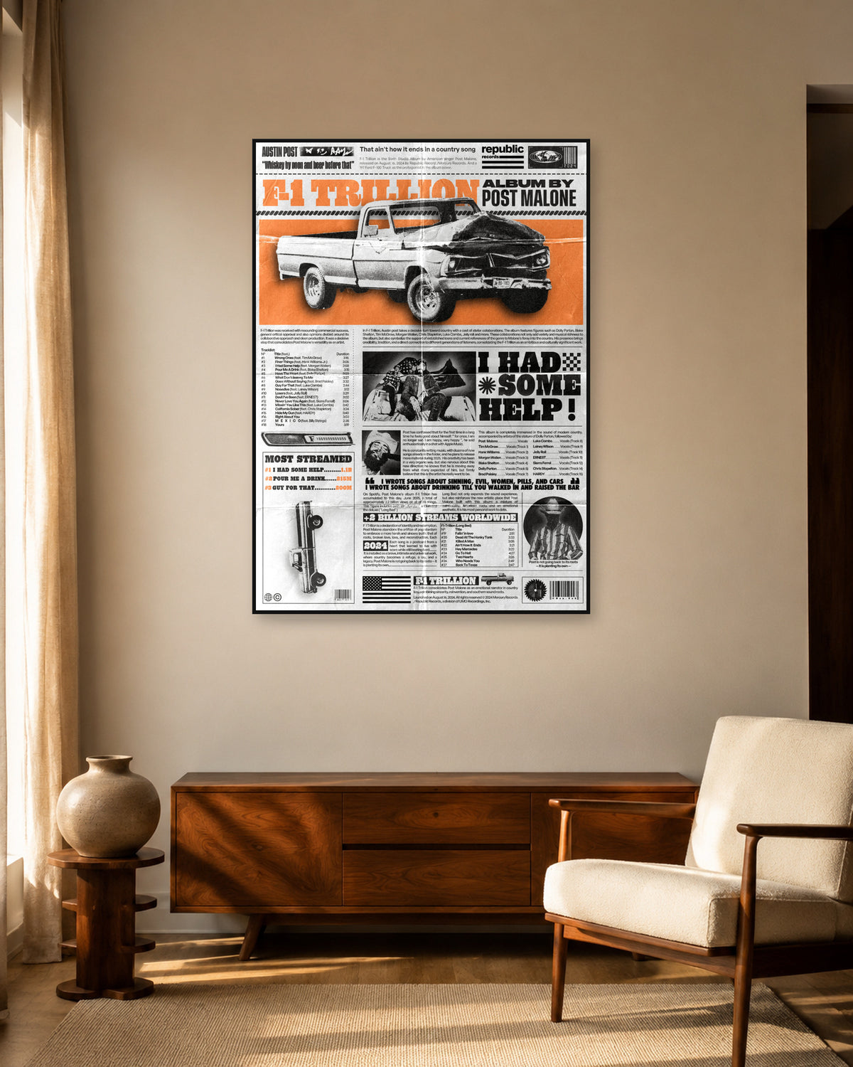 Post Malone F-1 Trillion Orange Editorial Collage Poster — warm mid-century living room display. Print sold unframed; frame for display only.