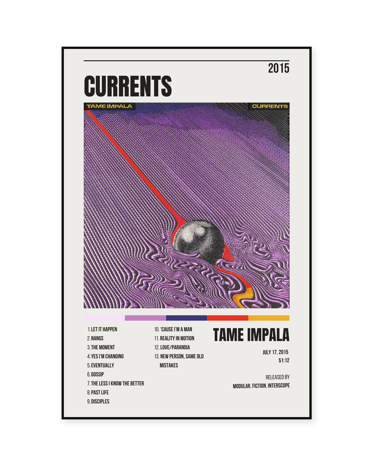 Tame Impala Currents White Header Tracklist Poster — front view in a thin black display frame. Print sold unframed; frame for display only.