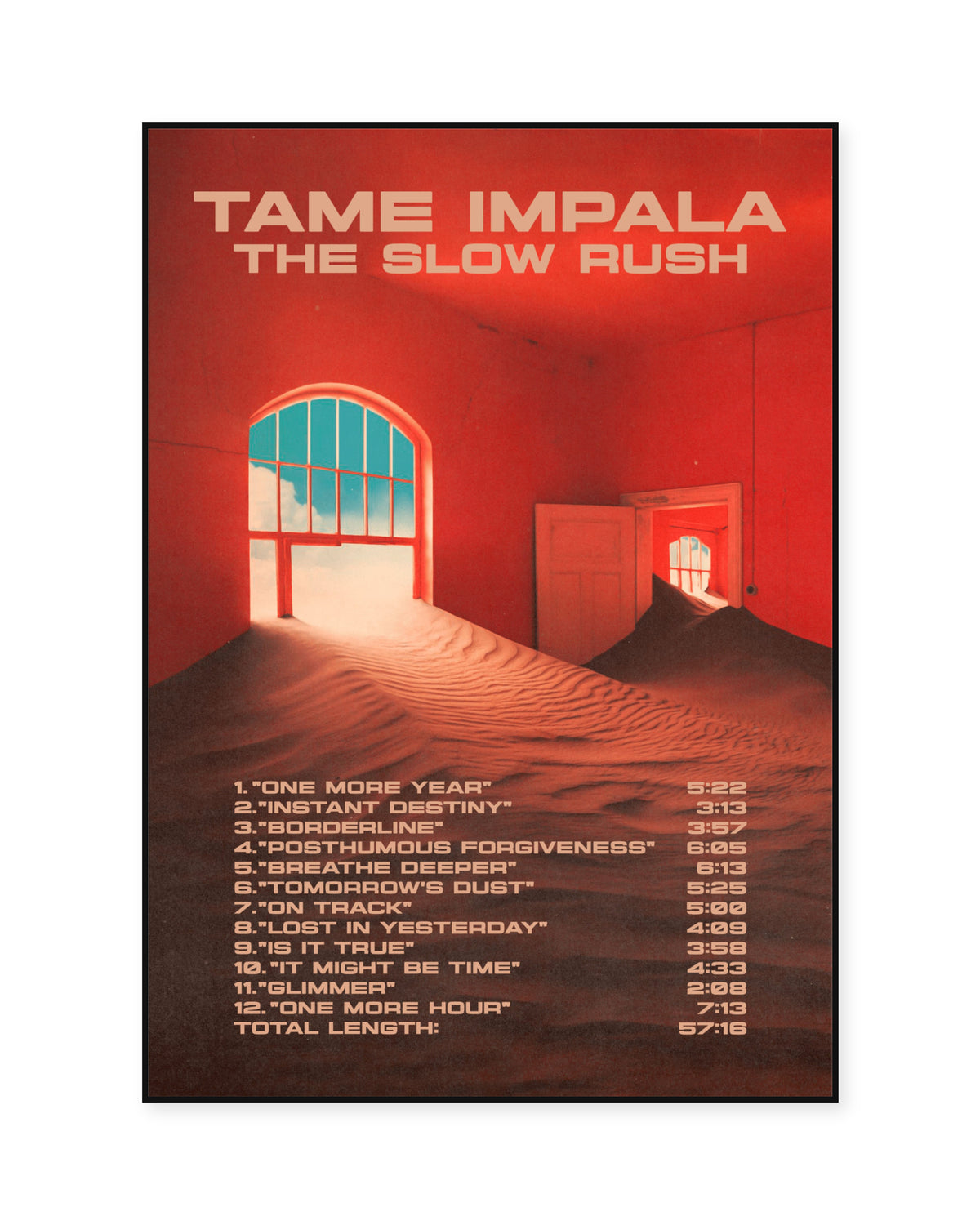 Tame Impala The Slow Rush Red Room Tracklist Poster — front view in a thin black display frame. Print sold unframed; frame for display only.
