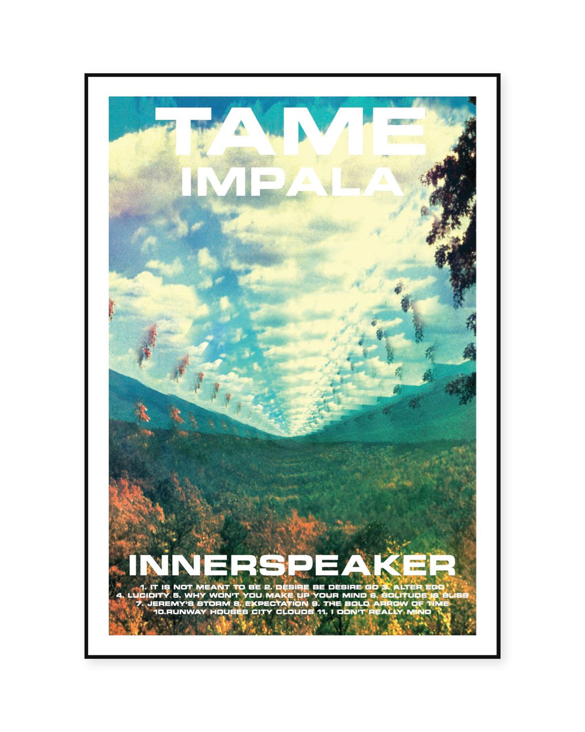 Tame Impala InnerSpeaker Landscape Typography Poster — front view in a thin black display frame. Print sold unframed; frame for display only.