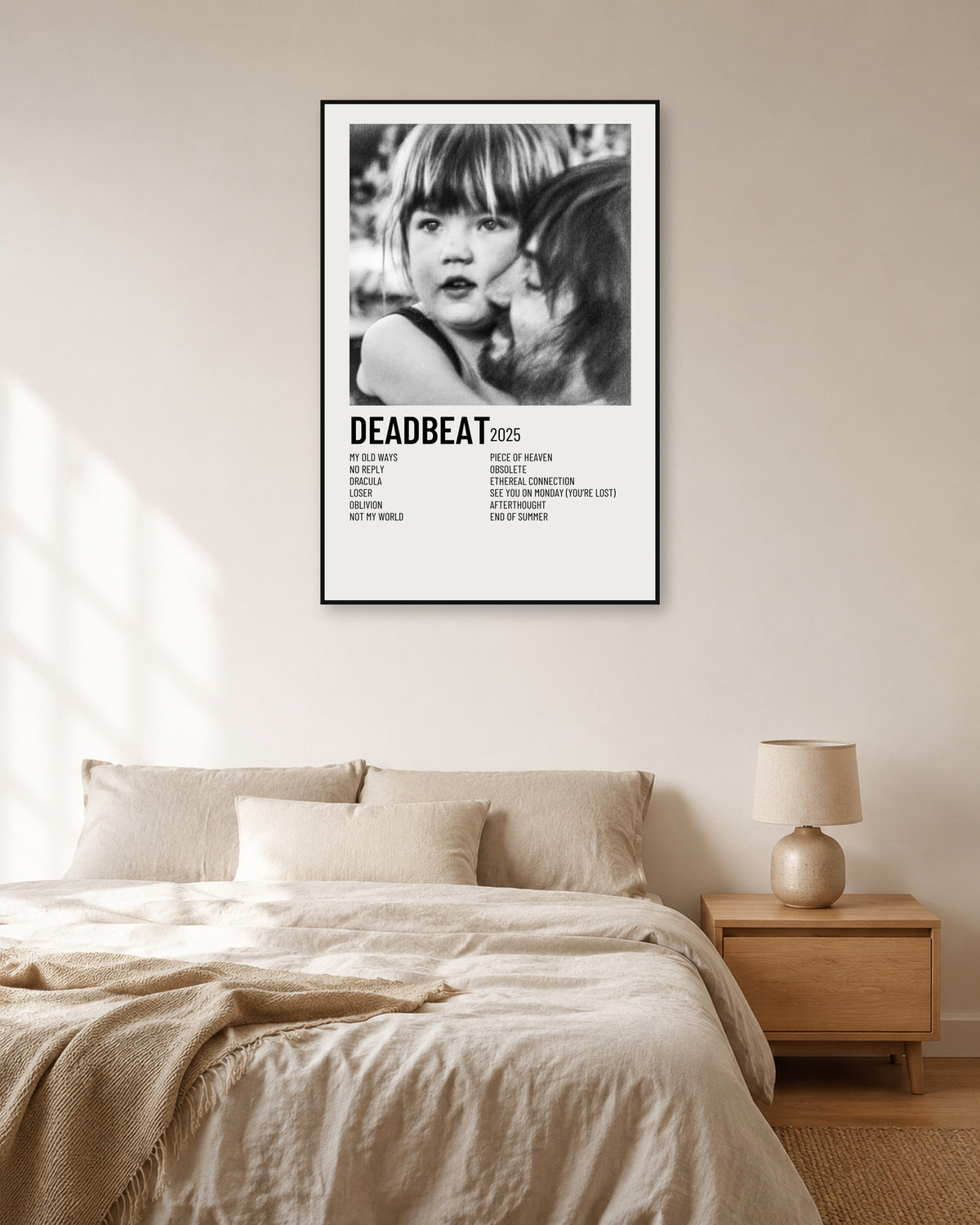 Tame Impala Deadbeat Cream Two-Column Tracklist Poster — natural-light bedroom display. Print sold unframed; frame for display only.