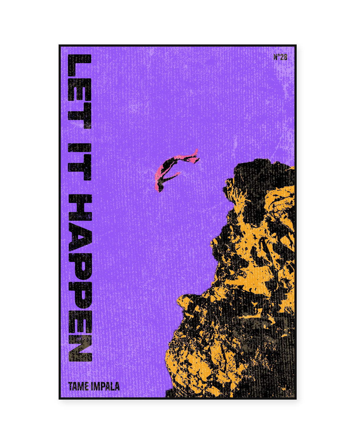Tame Impala Let It Happen Purple Cliff Poster — front view in a thin black display frame. Print sold unframed; frame for display only.