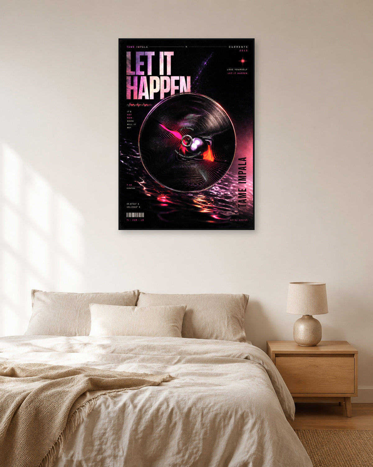 Tame Impala Let It Happen Pink Vinyl Poster — natural-light bedroom display. Print sold unframed; frame for display only.