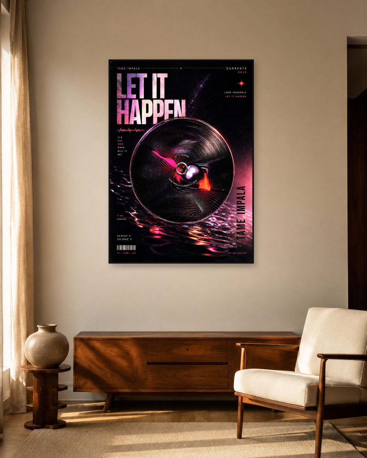 Tame Impala Let It Happen Pink Vinyl Poster — warm mid-century living room display. Print sold unframed; frame for display only.