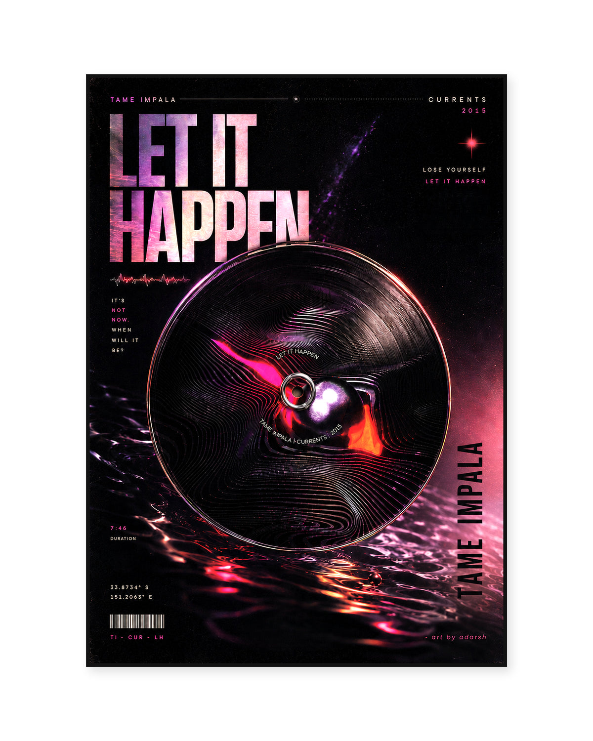 Tame Impala Let It Happen Pink Vinyl Poster — front view in a thin black display frame. Print sold unframed; frame for display only.