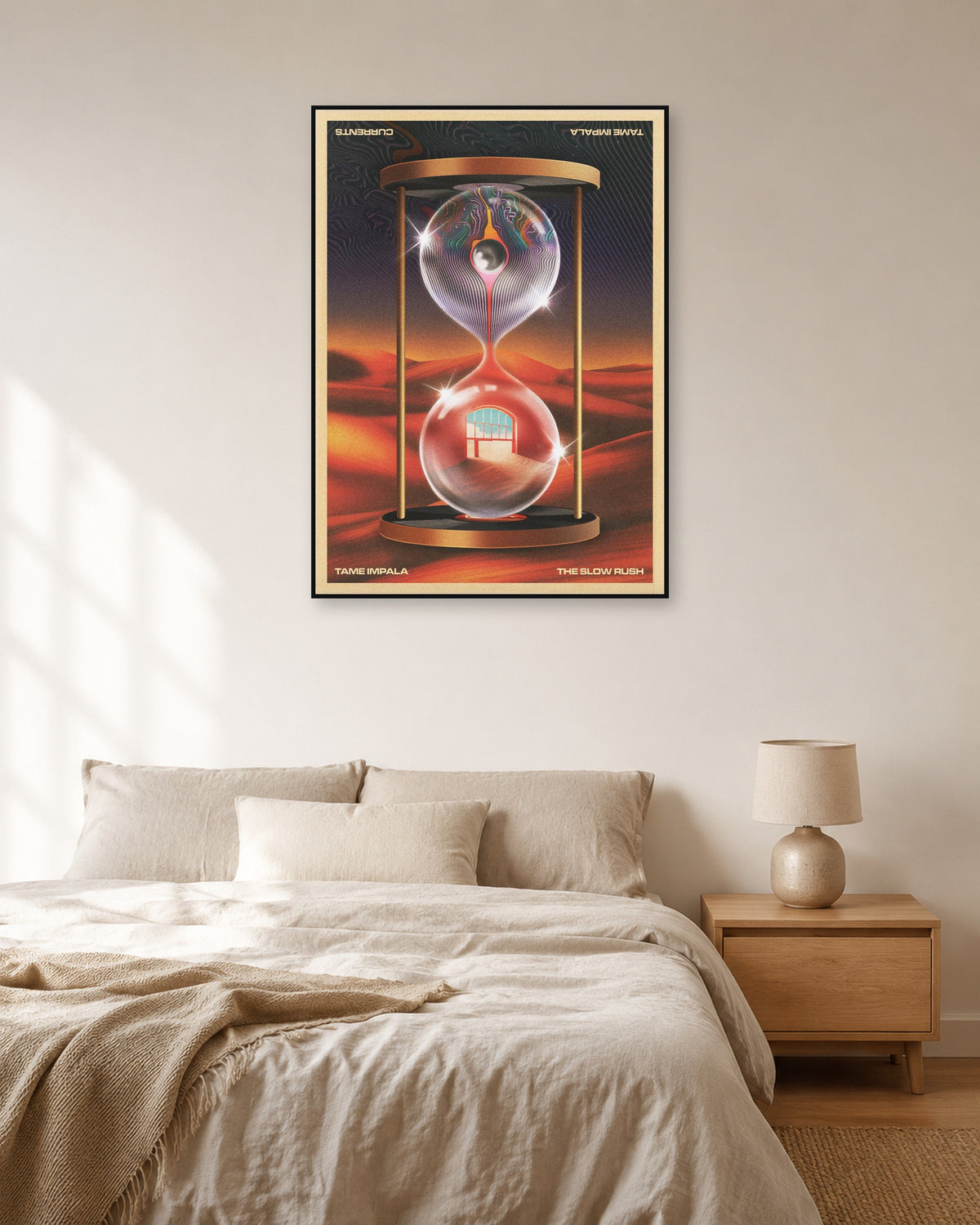 Tame Impala Currents / The Slow Rush Hourglass Poster — natural-light bedroom display. Print sold unframed; frame for display only.