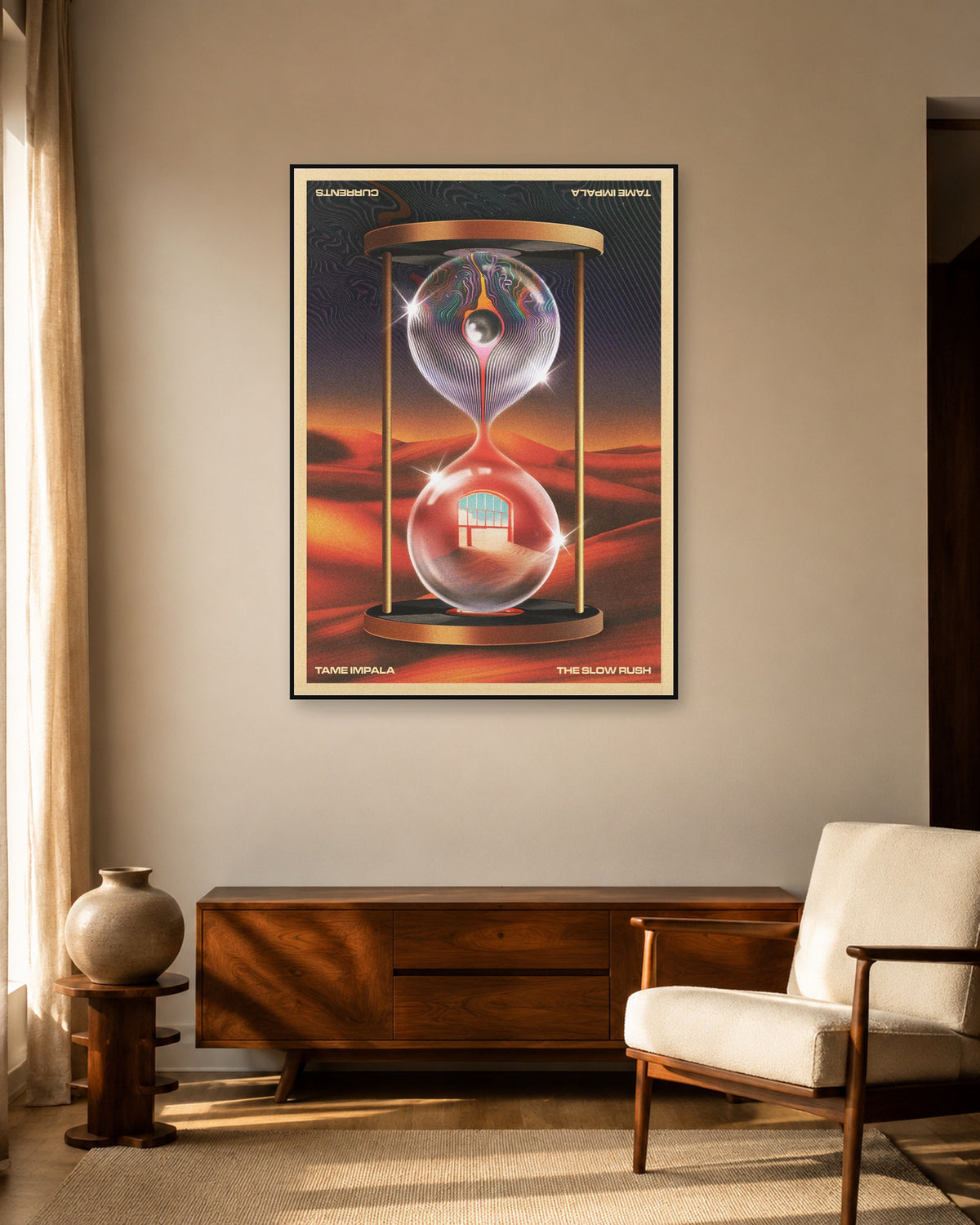 Tame Impala Currents / The Slow Rush Hourglass Poster — warm mid-century living room display. Print sold unframed; frame for display only.