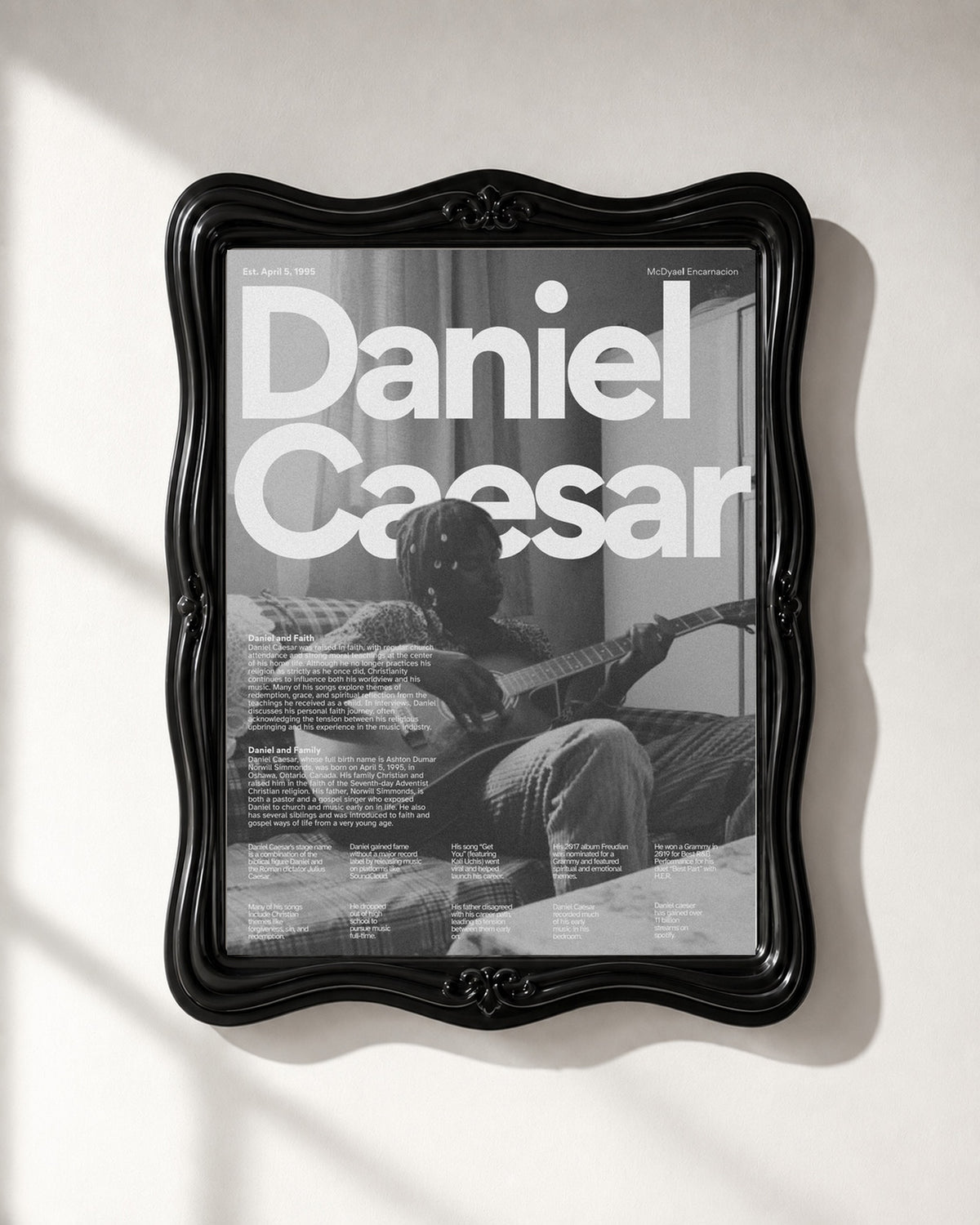 Daniel Caesar Black & White Guitar Portrait poster displayed in a black frame; frame not included.