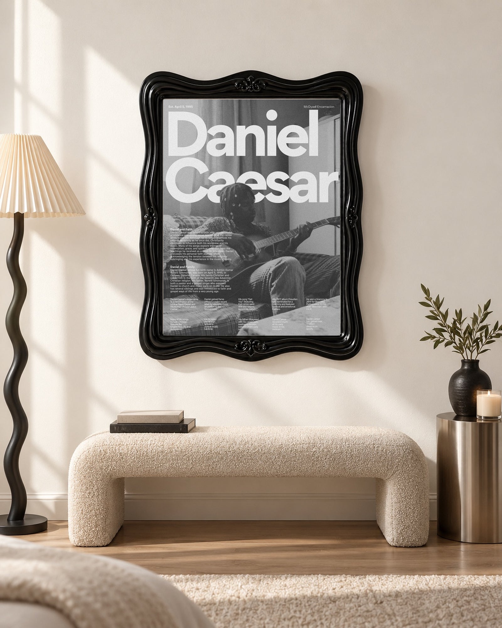 Daniel Caesar Black & White Guitar Portrait Poster, bench setting. Frame for display only; poster sold unframed.