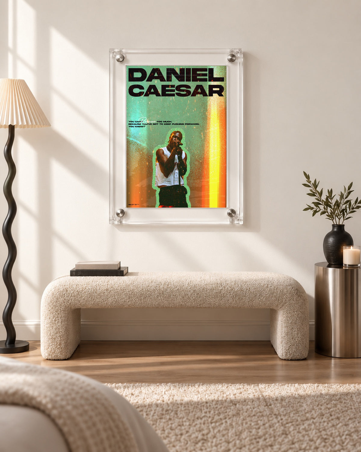 Daniel Caesar Green & Gold Performance Poster, bench setting. Frame for display only; poster sold unframed.