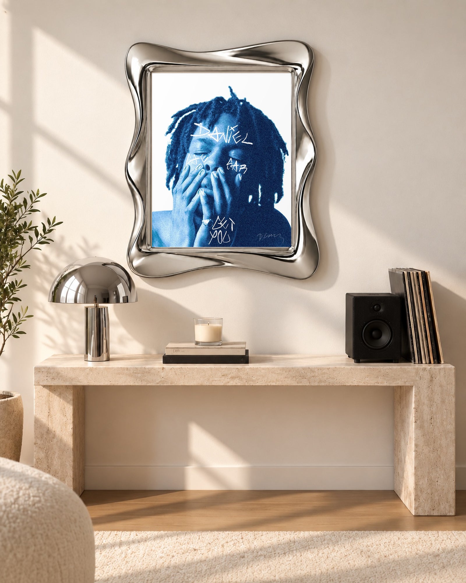 Daniel Caesar Get You Blue Portrait Poster, console table setting. Frame for display only; poster sold unframed.