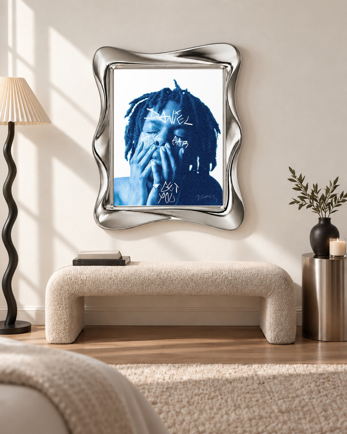 Daniel Caesar Get You Blue Portrait Poster, bench setting. Frame for display only; poster sold unframed.