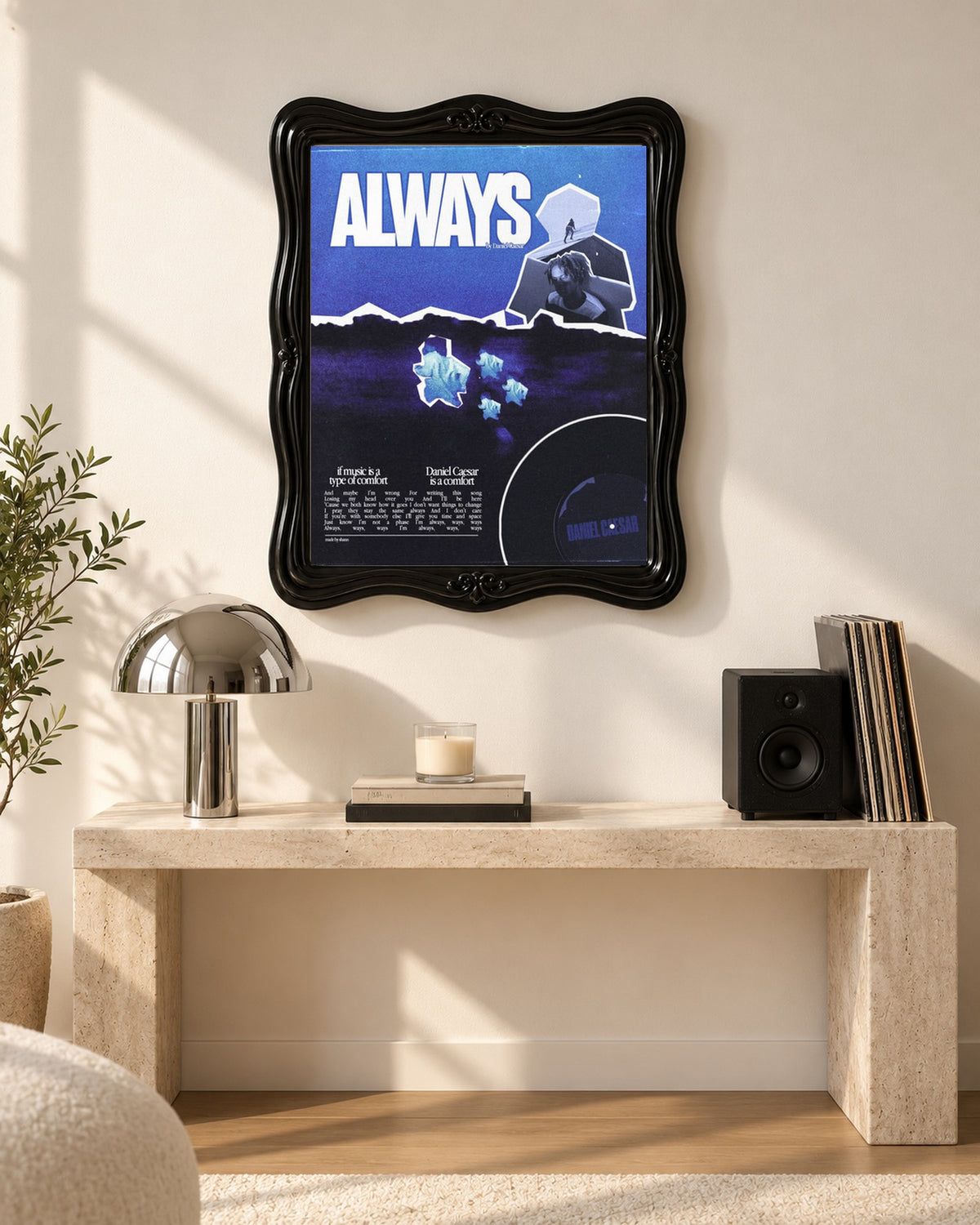 Daniel Caesar Always Blue Collage Poster, console table setting. Frame for display only; poster sold unframed.
