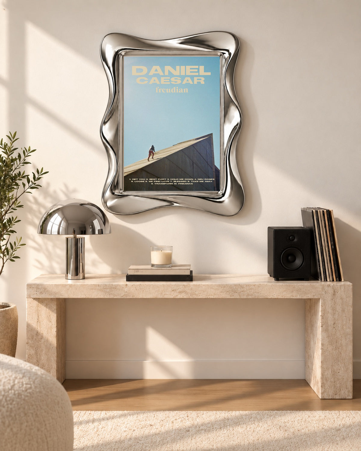 Daniel Caesar Freudian Sky Blue Album Poster, console table setting. Frame for display only; poster sold unframed.