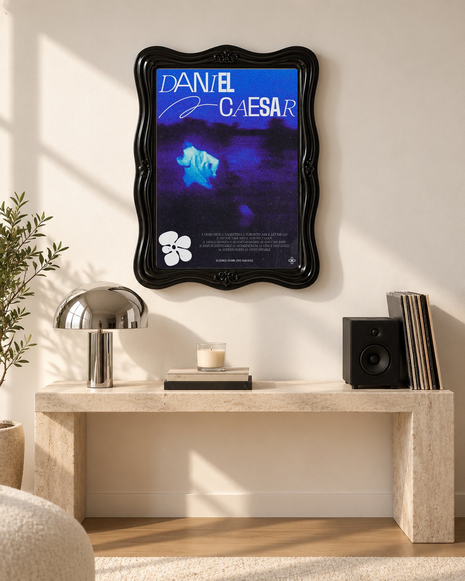 Daniel Caesar Never Enough Blue Floral Album Poster, console table setting. Frame for display only; poster sold unframed.