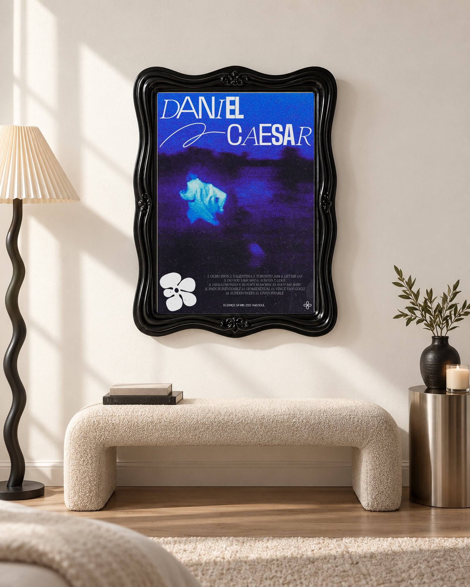 Daniel Caesar Never Enough Blue Floral Album Poster, bench setting. Frame for display only; poster sold unframed.
