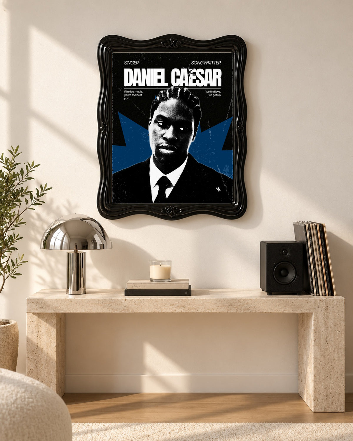 Daniel Caesar Blue Star Suit Portrait Poster, console table setting. Frame for display only; poster sold unframed.