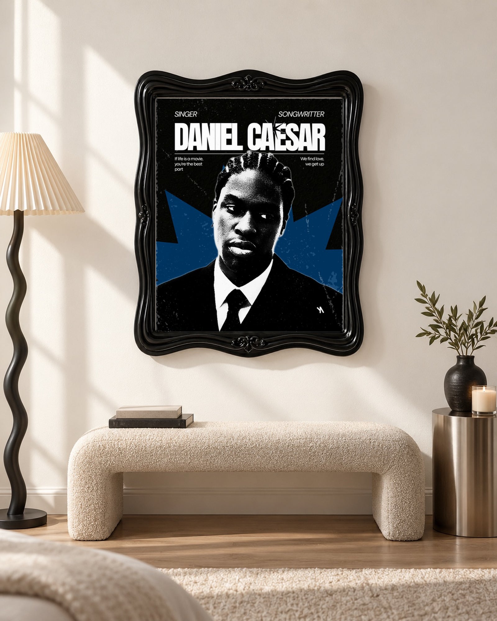 Daniel Caesar Blue Star Suit Portrait Poster, bench setting. Frame for display only; poster sold unframed.