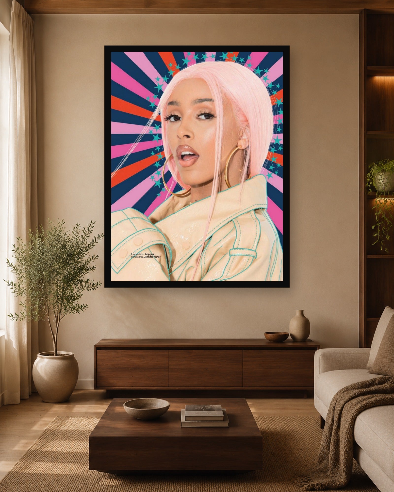 Doja Cat Cosmopolitan Portrait Poster displayed in a second color-matched interior