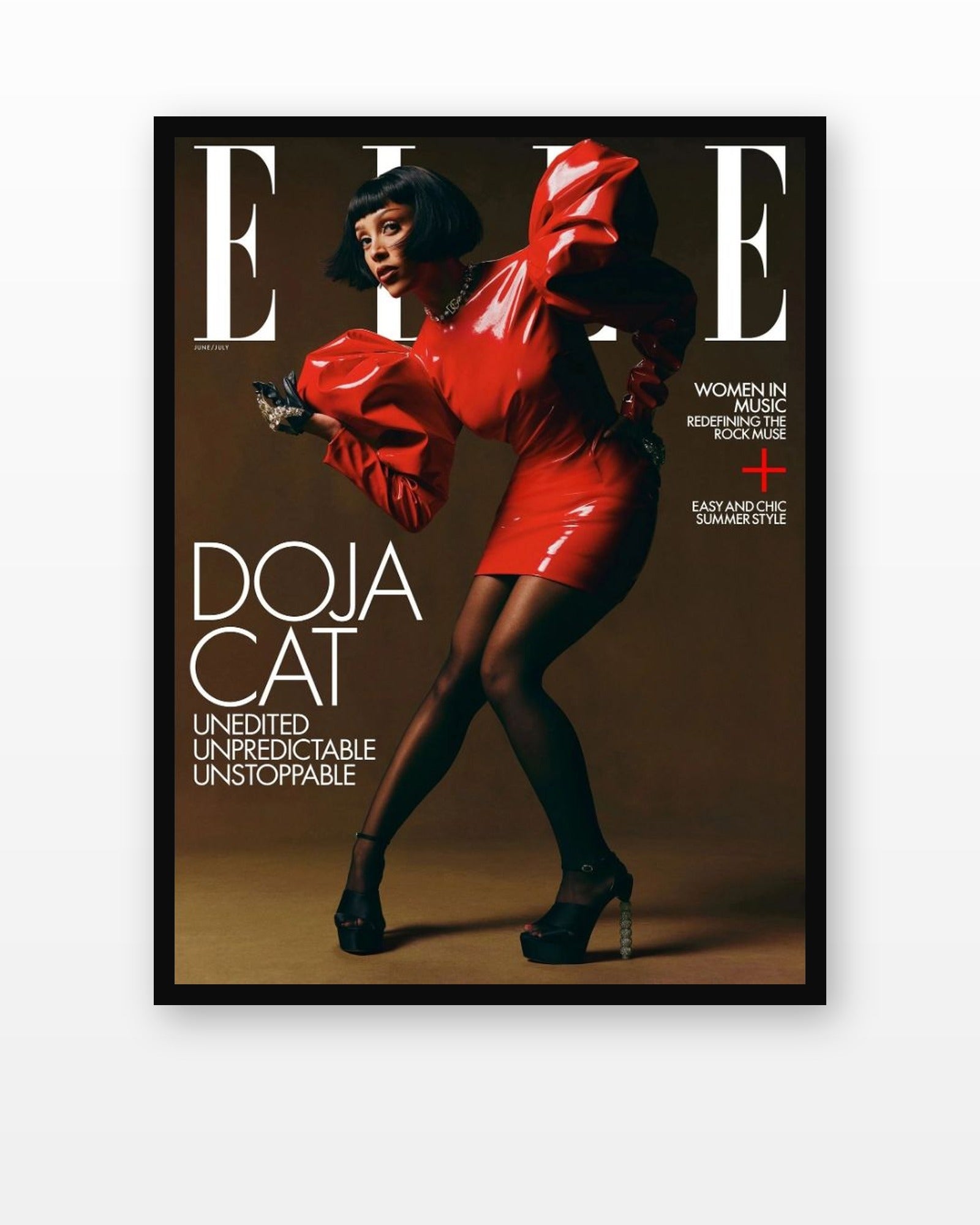 Doja Cat ELLE Cover Poster in a black frame on a white wall