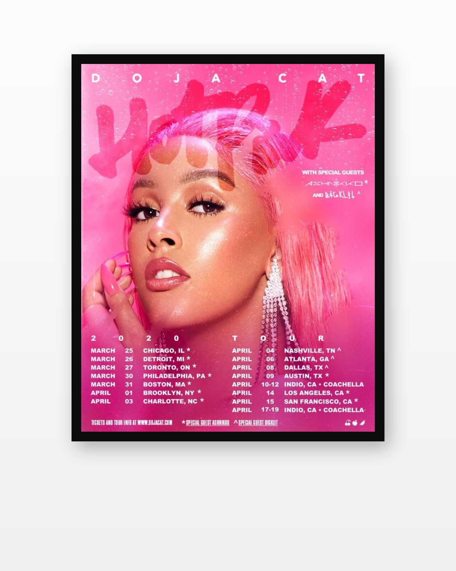 Doja Cat Hot Pink Tour Poster in a black frame on a white wall