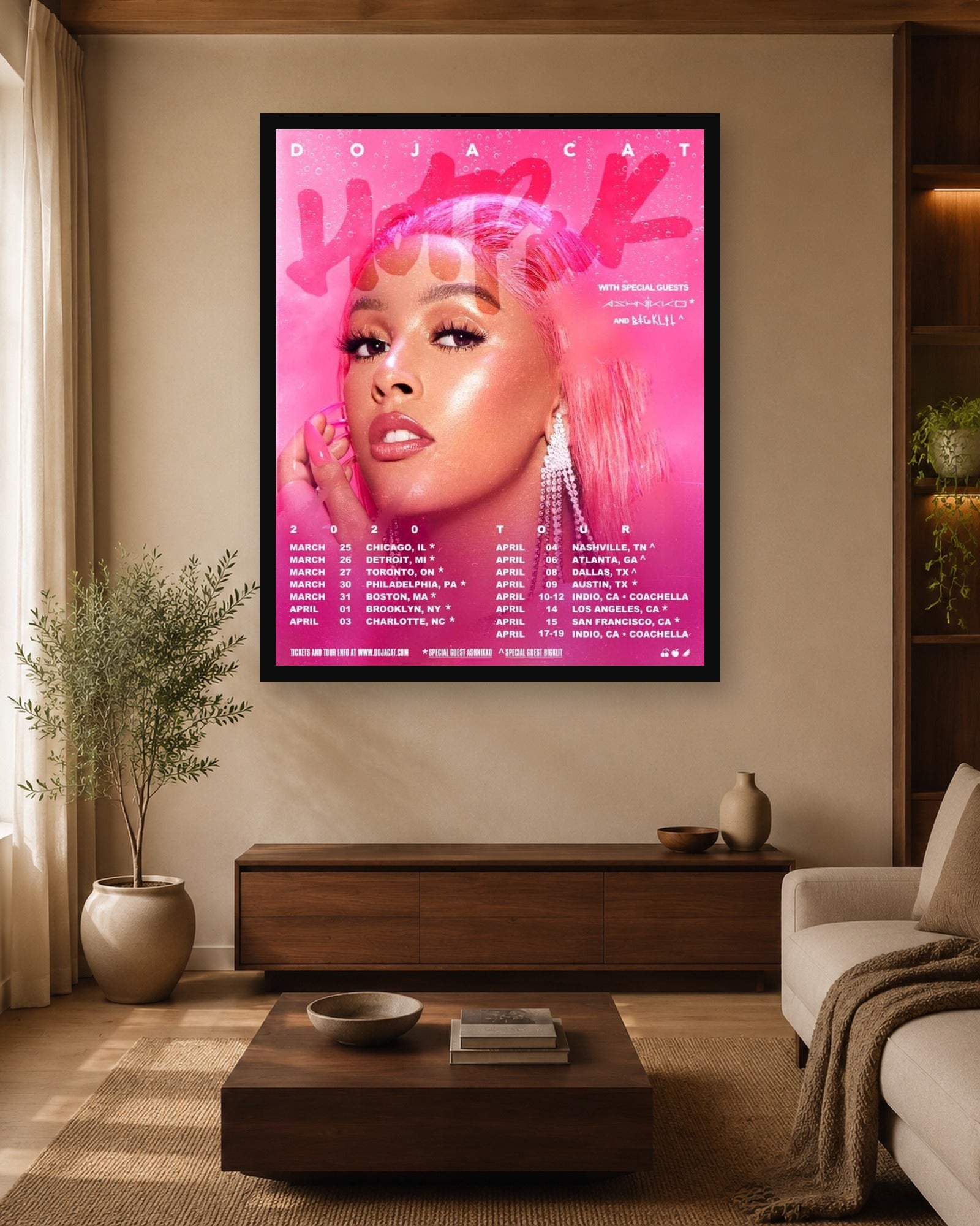 Doja Cat Hot Pink Tour Poster displayed in a coordinated room scene