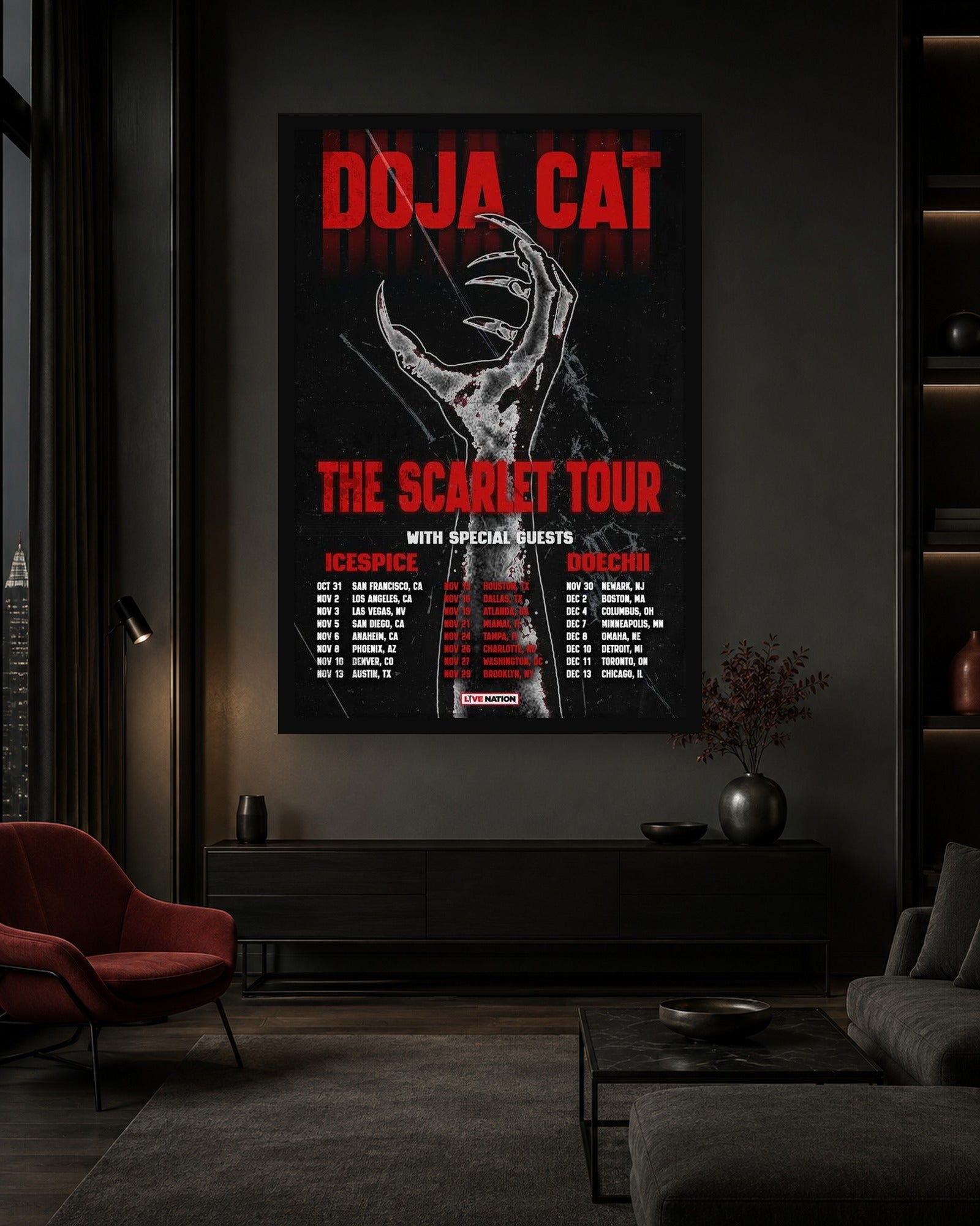 Doja Cat Scarlet Tour Poster displayed in a coordinated room scene