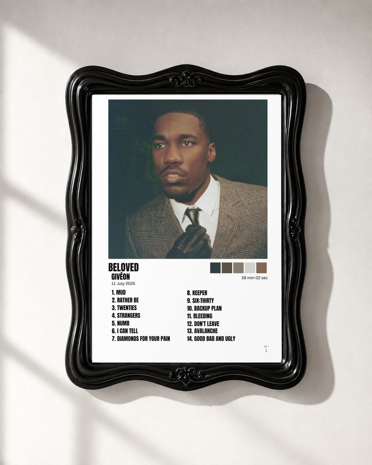 GIVĒON BELOVED White Tracklist Poster; black ornate frame close-up for display only, print sold unframed.