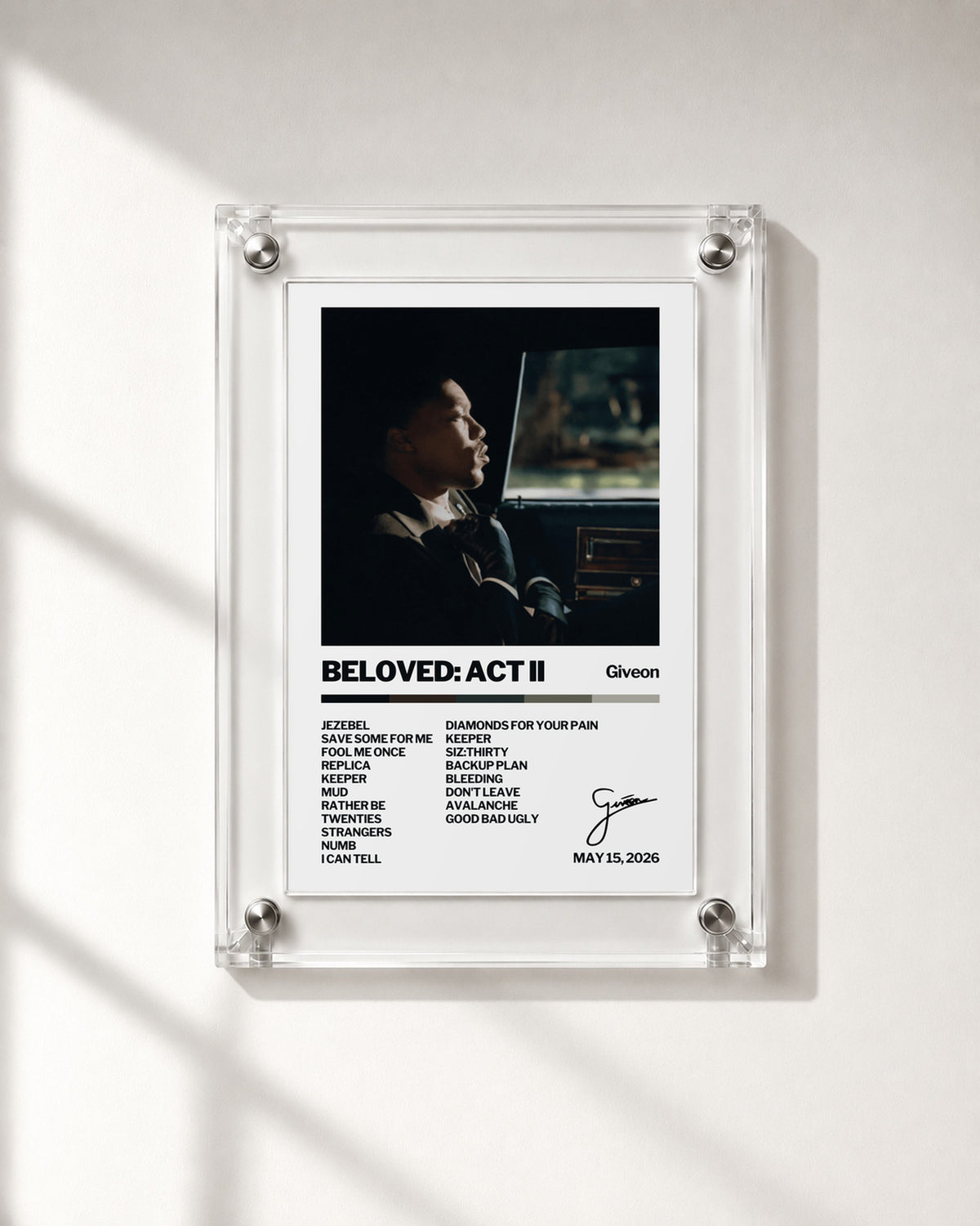 GIVĒON BELOVED: ACT II Cream Tracklist Poster; frame close-up; transparent acrylic frame for display only. Print sold unframed.