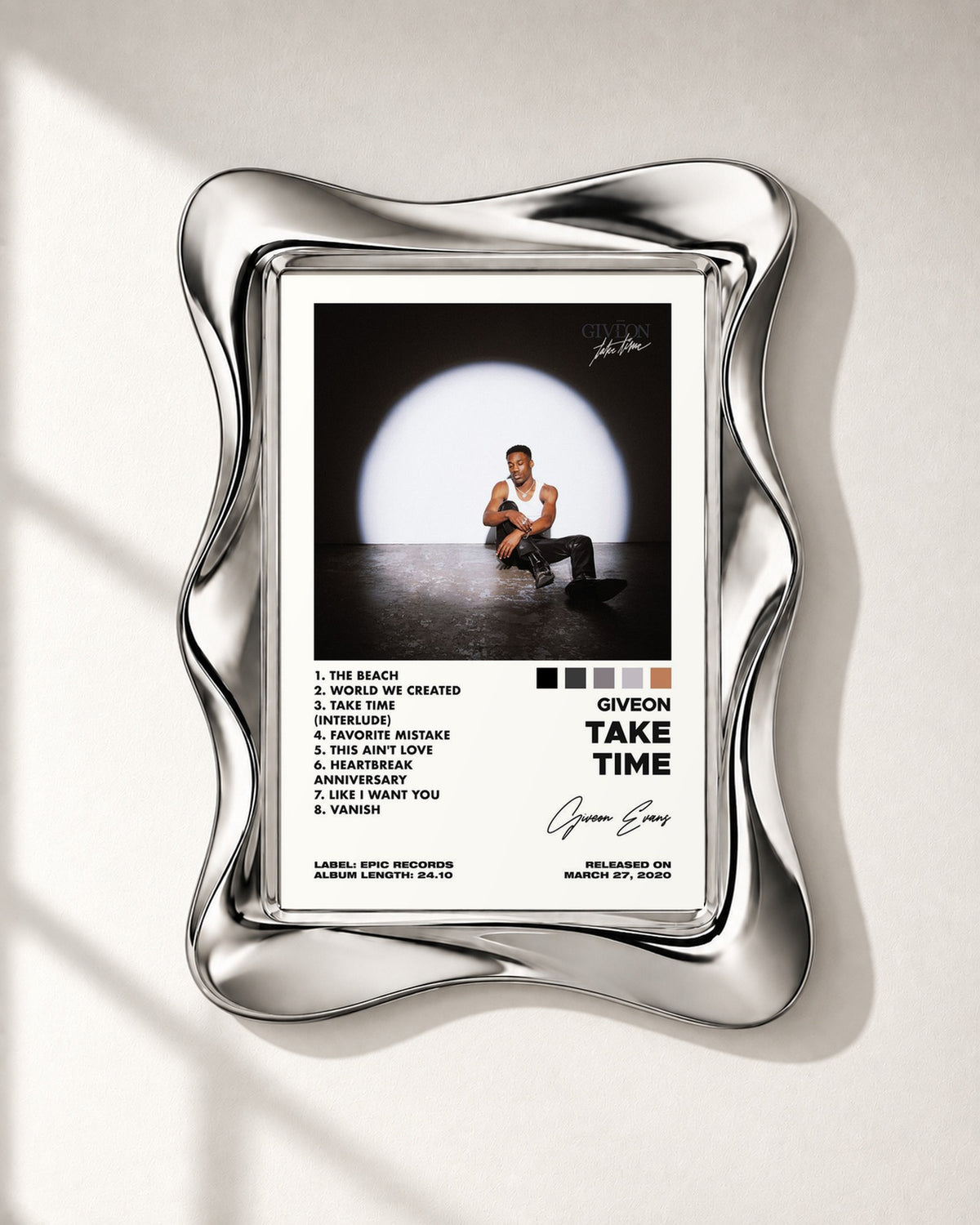 GIVĒON TAKE TIME Spotlight Tracklist Poster; frame close-up; silver wave frame for display only. Print sold unframed.