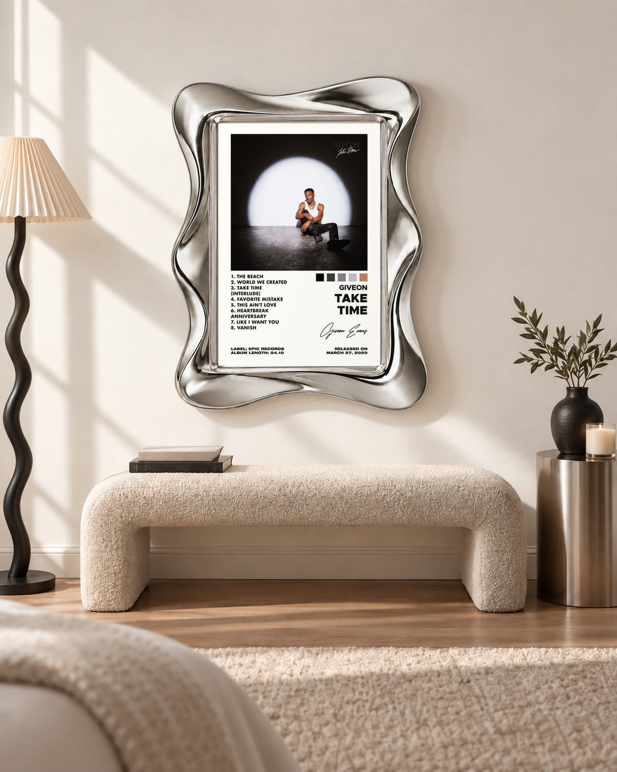 GIVĒON TAKE TIME Spotlight Tracklist Poster; bench room scene; silver wave frame for display only. Print sold unframed.