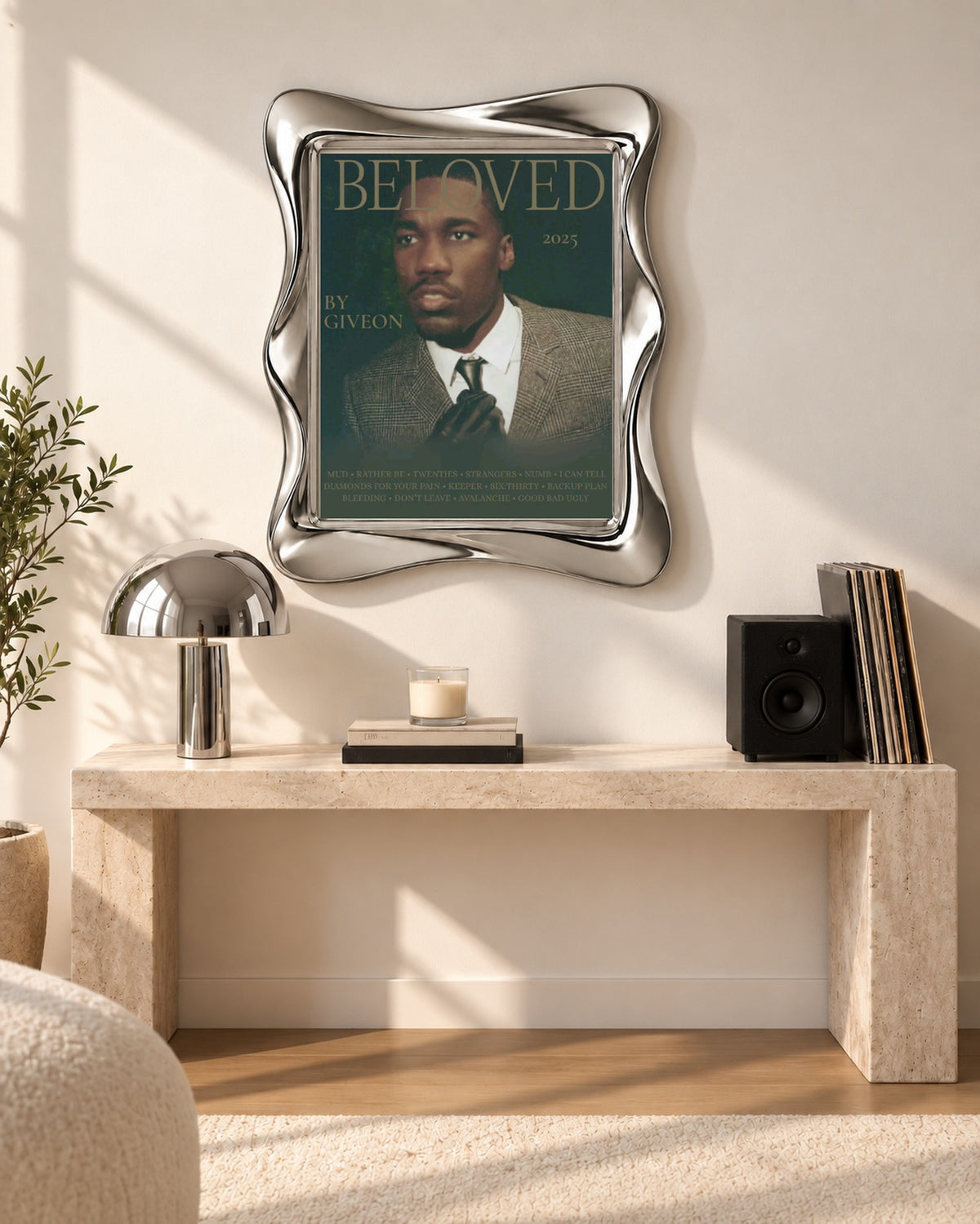 GIVĒON BELOVED Olive Typography Portrait Poster; console room scene; silver wave frame for display only. Print sold unframed.