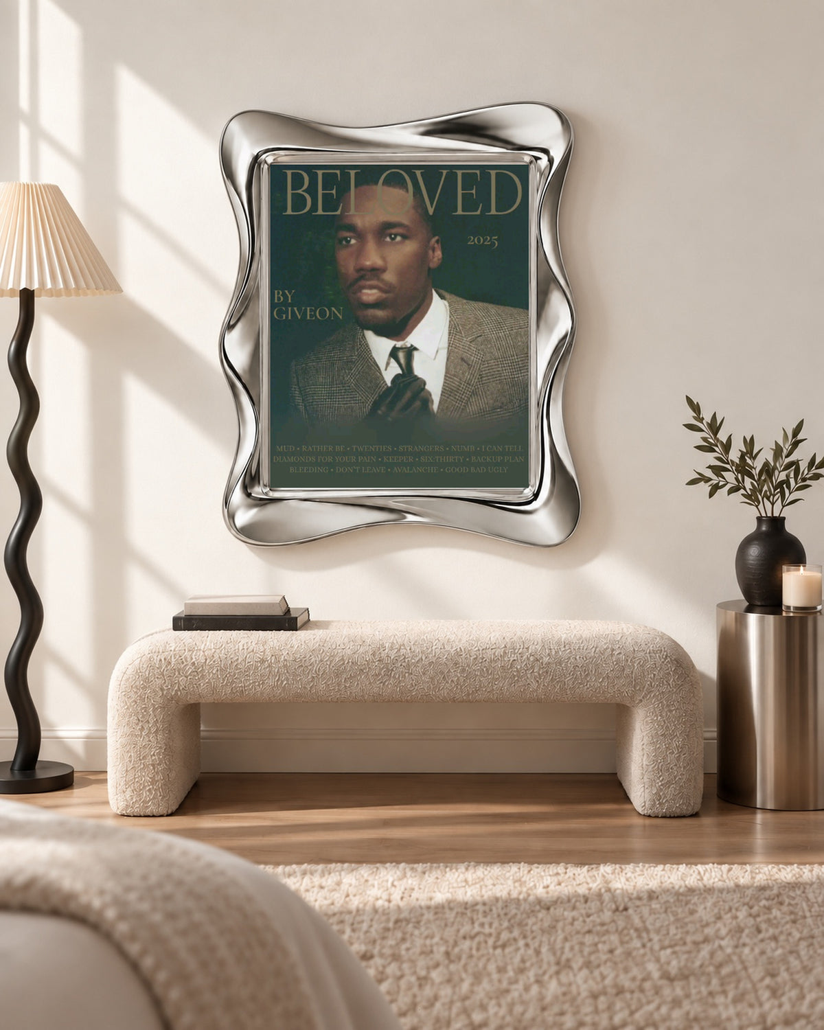 GIVĒON BELOVED Olive Typography Portrait Poster; bench room scene; silver wave frame for display only. Print sold unframed.