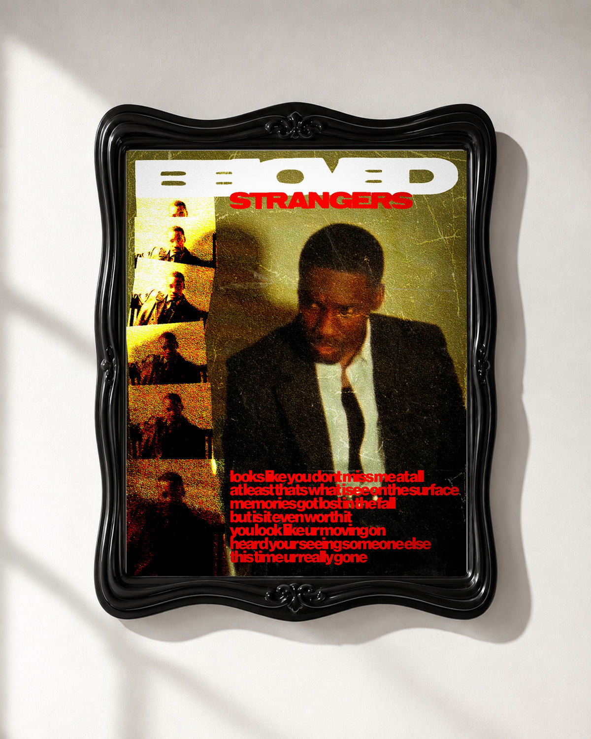GIVĒON STRANGERS Gold and Red Collage Poster; frame close-up; black ornate frame for display only. Print sold unframed.